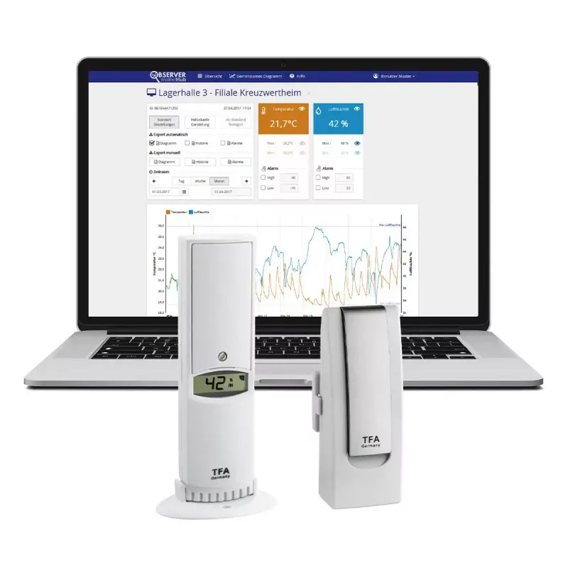 Environmental sensor tfa dostmann WeatherHub smart home Wireless — Wilgotność i temperatura, Wi‑Fi, AC/bateria (AA), 40×28×104 mm