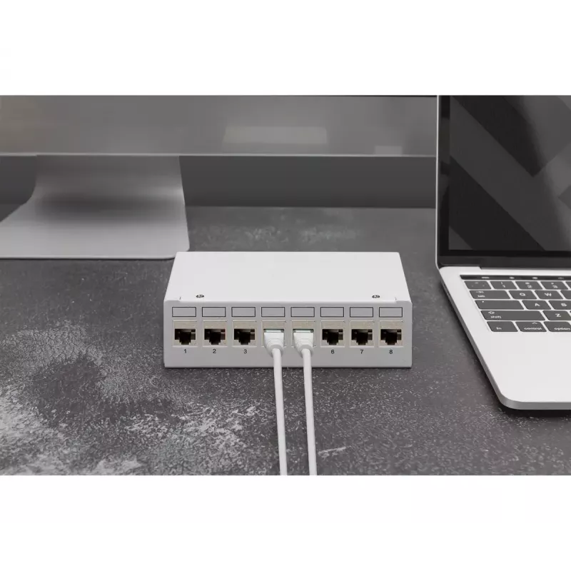 Panel krosowy DIGITUS Desktop modularny zaślepkowy, ekranowany, 8-portowy, stal, szary, montaż ścienny