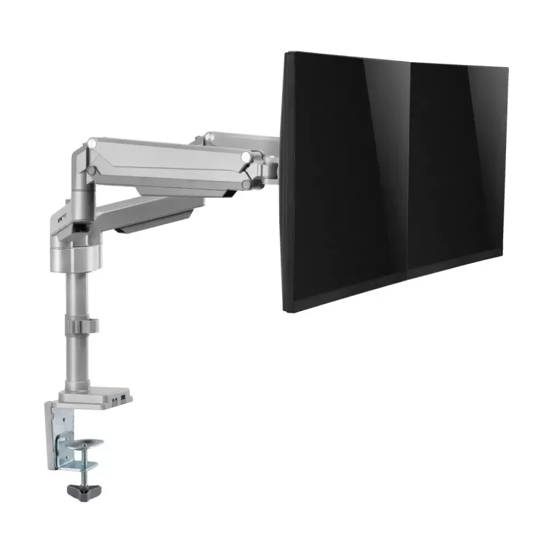 Uchwyt monitorowy z ramieniem gazowym dla dwóch monitorów Tripp Lite (EATON) DDR1732DAL do ekranów 13–34 cale, zacisk lub przepust kablowy, porty USB i audio, srebrny