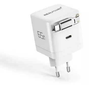 Ładowarka GaN 65W RealPower, 65 W, dwa porty USB-C, biała