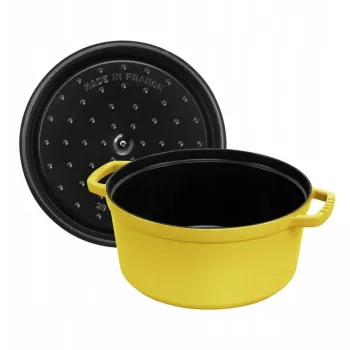 Cast Iron Round La Cocotte 26 cm, Staub, Cytrynowy — emaliowany garnek holenderski, bezpieczny w piekarniku