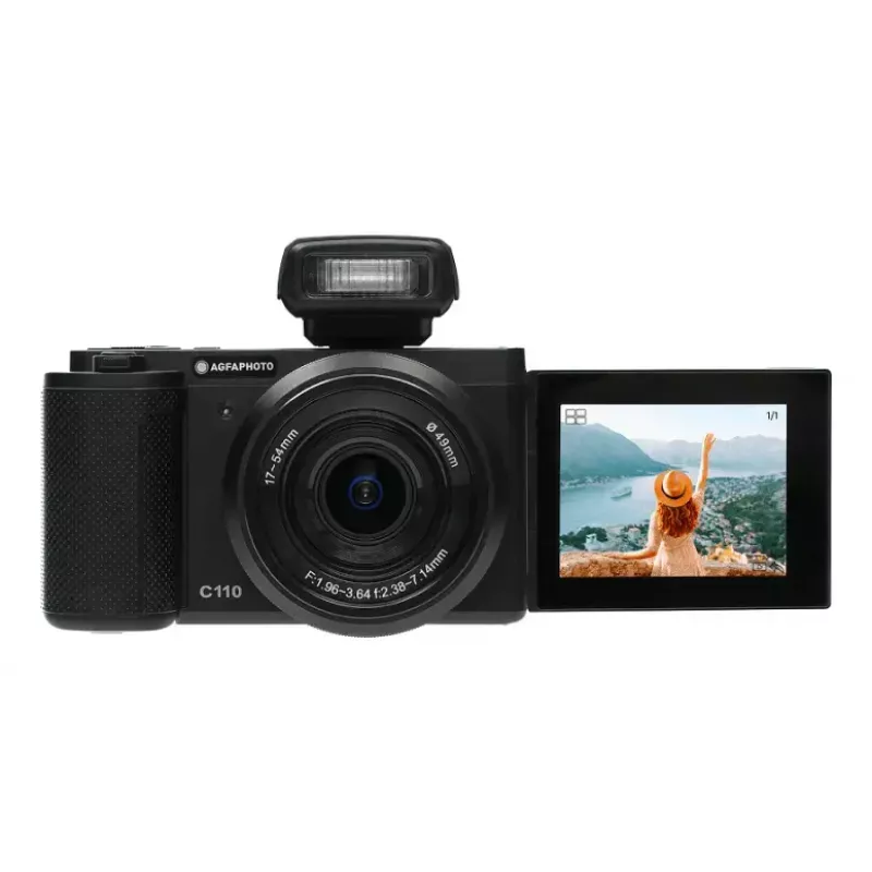 Kompaktowy aparat AgfaPhoto Realishot C110 — 24 MP, 1/3,06 cala CMOS, 3-krotny zoom optyczny, 4K, Wi‑Fi, ekran dotykowy 2,8 cala, czarny