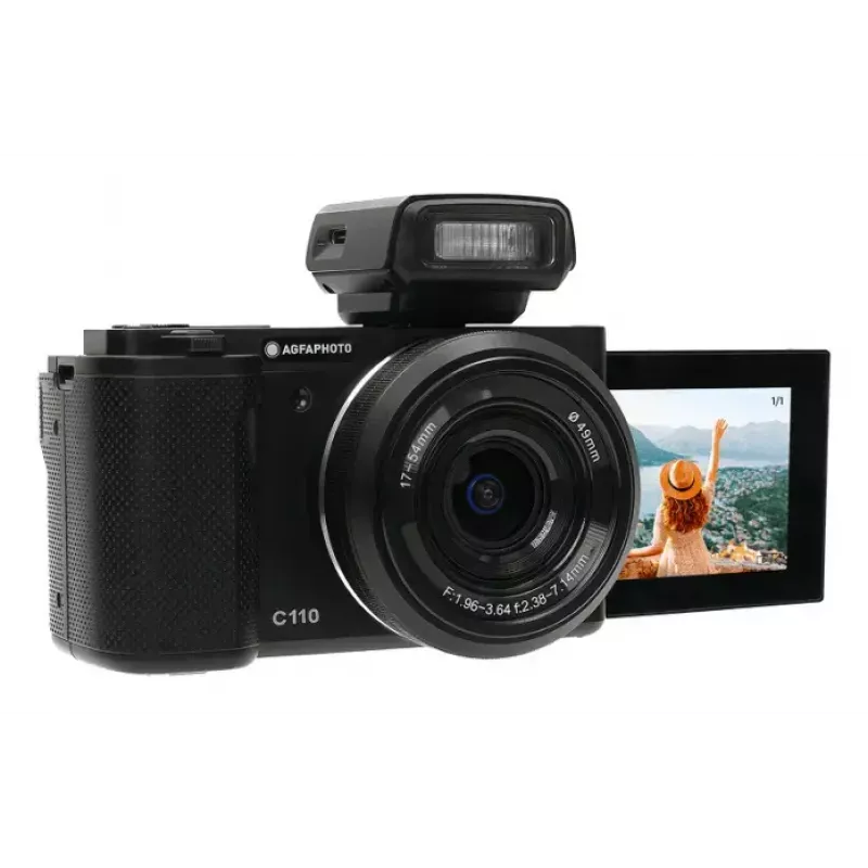 Kompaktowy aparat AgfaPhoto Realishot C110 — 24 MP, 1/3,06 cala CMOS, 3-krotny zoom optyczny, 4K, Wi‑Fi, ekran dotykowy 2,8 cala, czarny