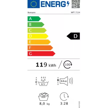 Wolnostojąca suszarka na pranie z załadunkiem od frontu BOMANN WPT7154T — pompa ciepła, 8 kg, czarno-szara, 64 dB, klasa energetyczna D