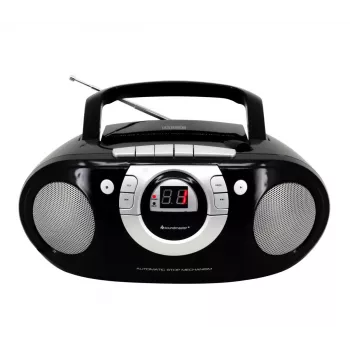 Przenośny system stereo Soundmaster SCD5100SW — Analogowy tuner FM 87,5–108 MHz, odtwarzacz CD/MP3, 1 W RMS, wyświetlacz LED, czarny