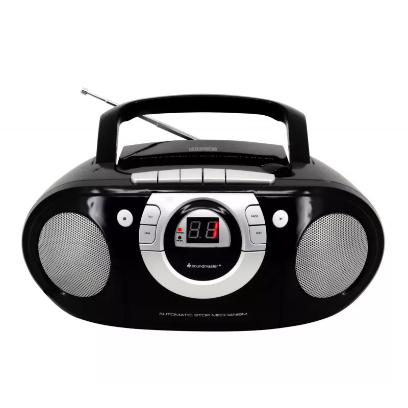 Przenośny system stereo Soundmaster SCD5100SW — Analogowy tuner FM 87,5–108 MHz, odtwarzacz CD/MP3, 1 W RMS, wyświetlacz LED, czarny