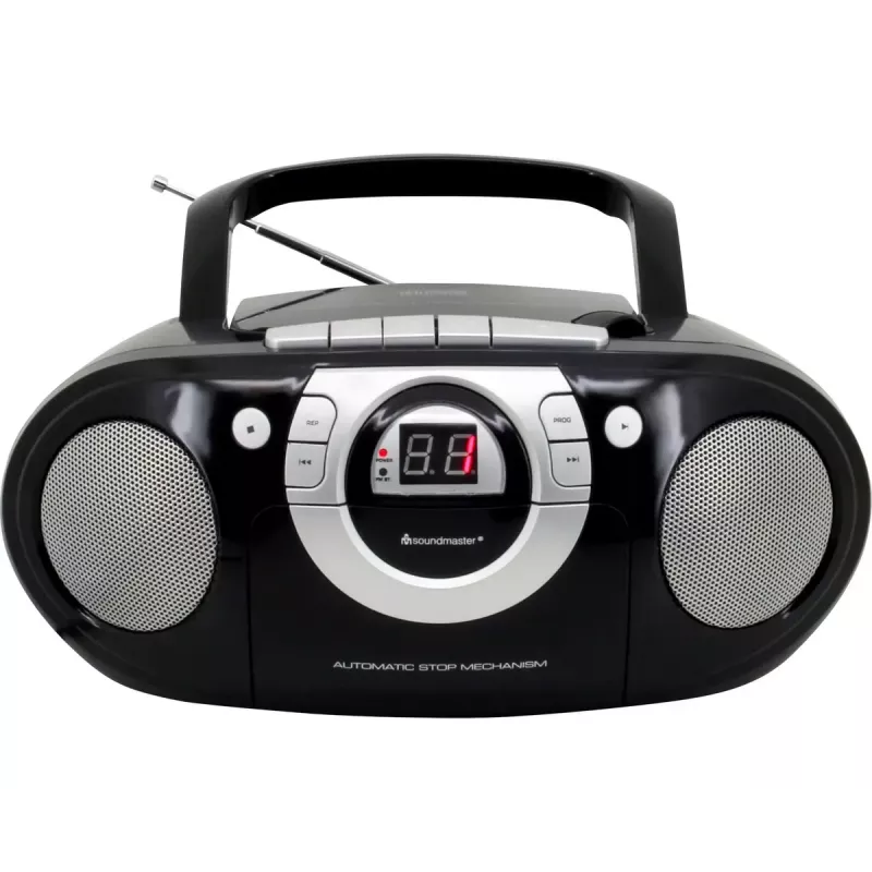 Przenośny system stereo Soundmaster SCD5100SW — Analogowy tuner FM 87,5–108 MHz, odtwarzacz CD/MP3, 1 W RMS, wyświetlacz LED, czarny