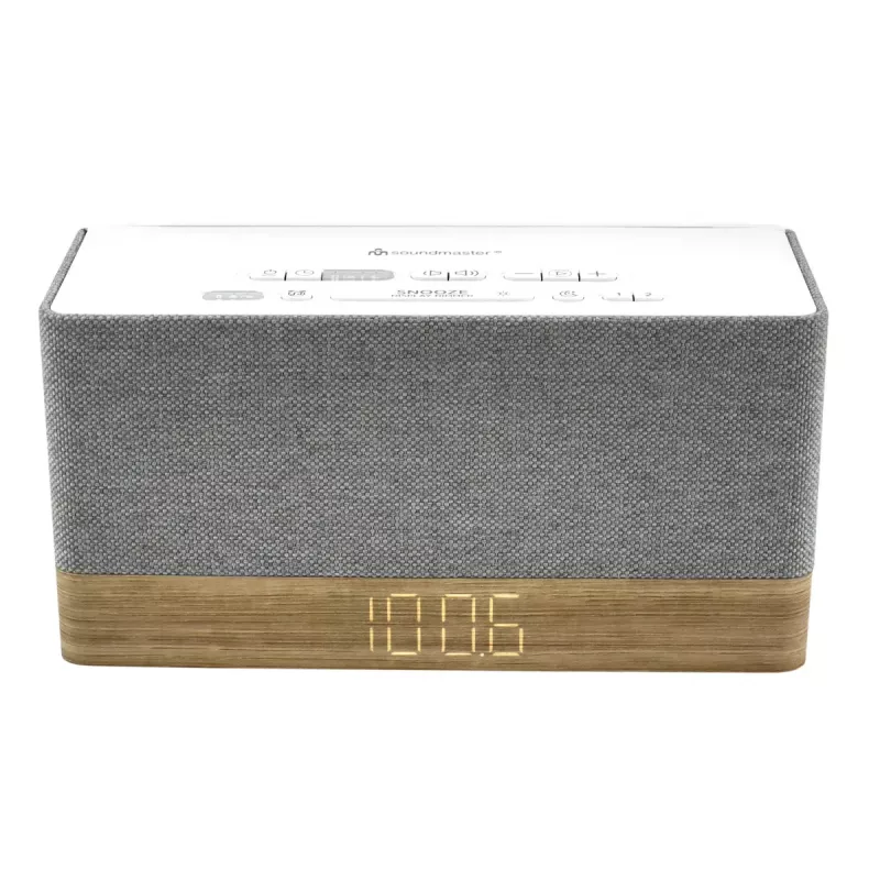 Radio z zegarem Soundmaster UR630WE — FM/PLL/UKW, 6 W RMS, szaro-biały, zasilanie sieciowe i bateryjne AAA
