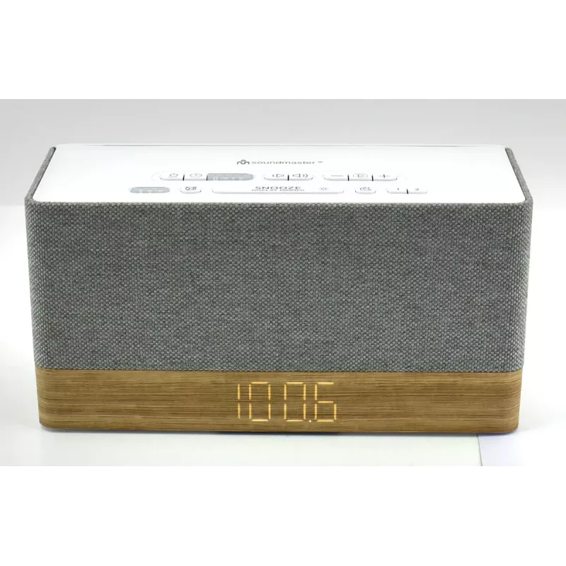 Radio z zegarem Soundmaster UR630WE — FM/PLL/UKW, 6 W RMS, szaro-biały, zasilanie sieciowe i bateryjne AAA