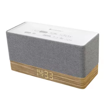 Radio z zegarem Soundmaster UR630WE — FM/PLL/UKW, 6 W RMS, szaro-biały, zasilanie sieciowe i bateryjne AAA