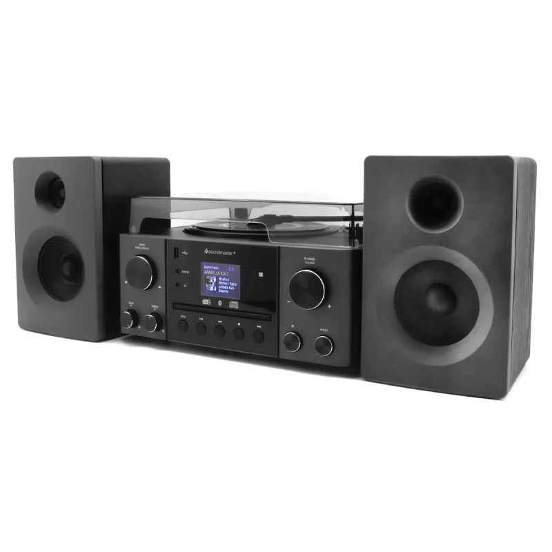 Domowy system audio Soundmaster MCD1950SW — 20 W RMS, DAB+/FM, odtwarzanie CD/MP3, wejście AUX 3,5 mm, zasilanie sieciowe (czarny)