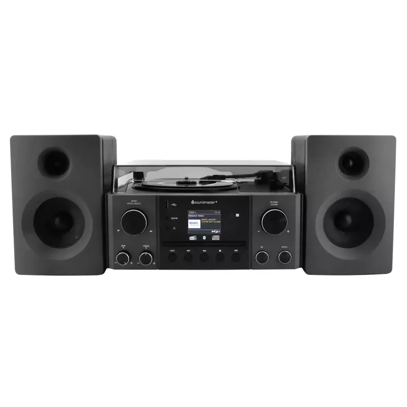 Domowy system audio Soundmaster MCD1950SW — 20 W RMS, DAB+/FM, odtwarzanie CD/MP3, wejście AUX 3,5 mm, zasilanie sieciowe (czarny)