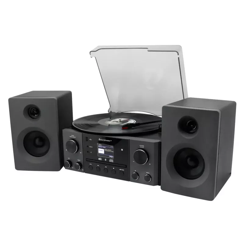 Domowy system audio Soundmaster MCD1950SW — 20 W RMS, DAB+/FM, odtwarzanie CD/MP3, wejście AUX 3,5 mm, zasilanie sieciowe (czarny)