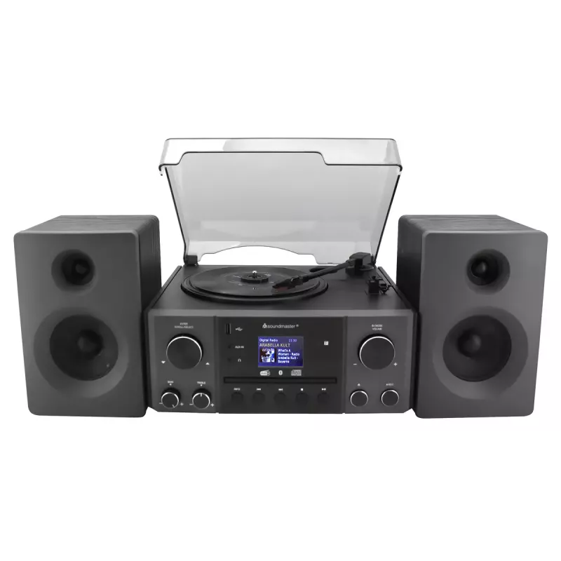 Domowy system audio Soundmaster MCD1950SW — 20 W RMS, DAB+/FM, odtwarzanie CD/MP3, wejście AUX 3,5 mm, zasilanie sieciowe (czarny)