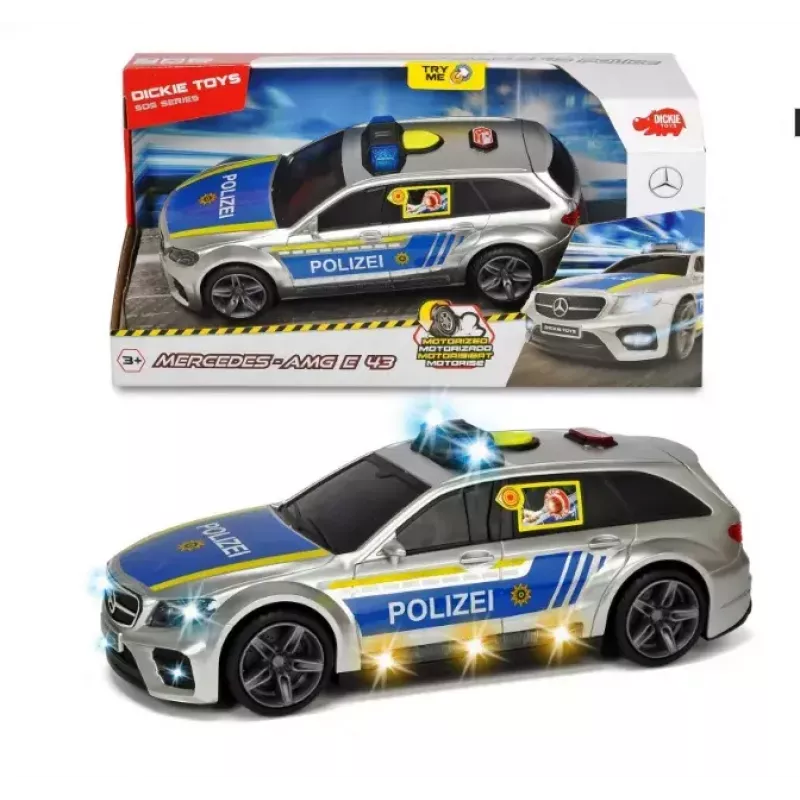 Car Dickie Toys Mercedes Benz E43 AMG Police czarny niebieski srebrny żółty