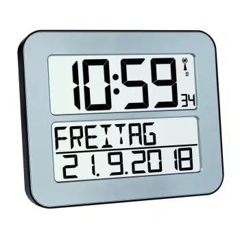 Cyfrowy budzik TFA 60.4512.54 — prostokątny srebrny, bateria AA, obudowa z tworzywa sztucznego, 30×212×258 mm