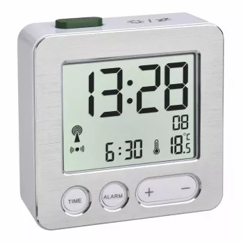 Cyfrowy budzik TFA 60.2545.54 — prostokątny, srebrny LCD, niebieskie podświetlenie, bateria (AAA)