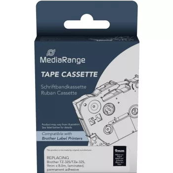 Kaseta z taśmą plastikową MediaRange Brother TZ-325, klej trwały, 9 mm, 8 m, biały na czarnym