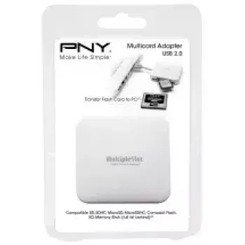 Czytnik kart PNY All in One Reader — USB 2.0, 480 Mbit/s, obsługa CF/SD/MicroSD/MS/MiniSD/MMC, biały, 54×54×13 mm, 29 g