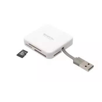 Czytnik kart PNY All in One Reader — USB 2.0, 480 Mbit/s, obsługa CF/SD/MicroSD/MS/MiniSD/MMC, biały, 54×54×13 mm, 29 g