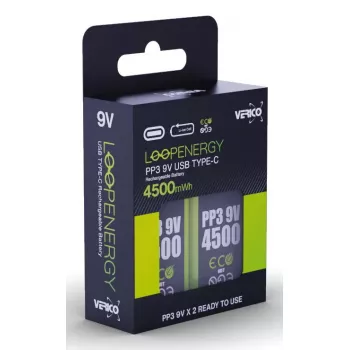 Akumulator 9V VERICO LoopEnergy PP3 4500 — Li‑Ion, 2 szt., 500 mAh, ładowanie USB‑C