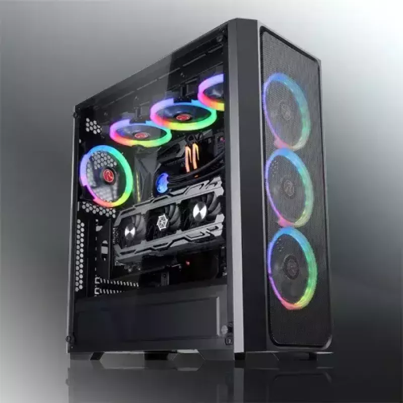 Obudowa PC Midi Tower RAIJINTEK Ponos MS — Czarna, obsługuje wentylatory przednie 120/140 mm, 1x 120 mm tył, HDD 3.5 cala, SSD 2.5 cala, 210×442×485 mm