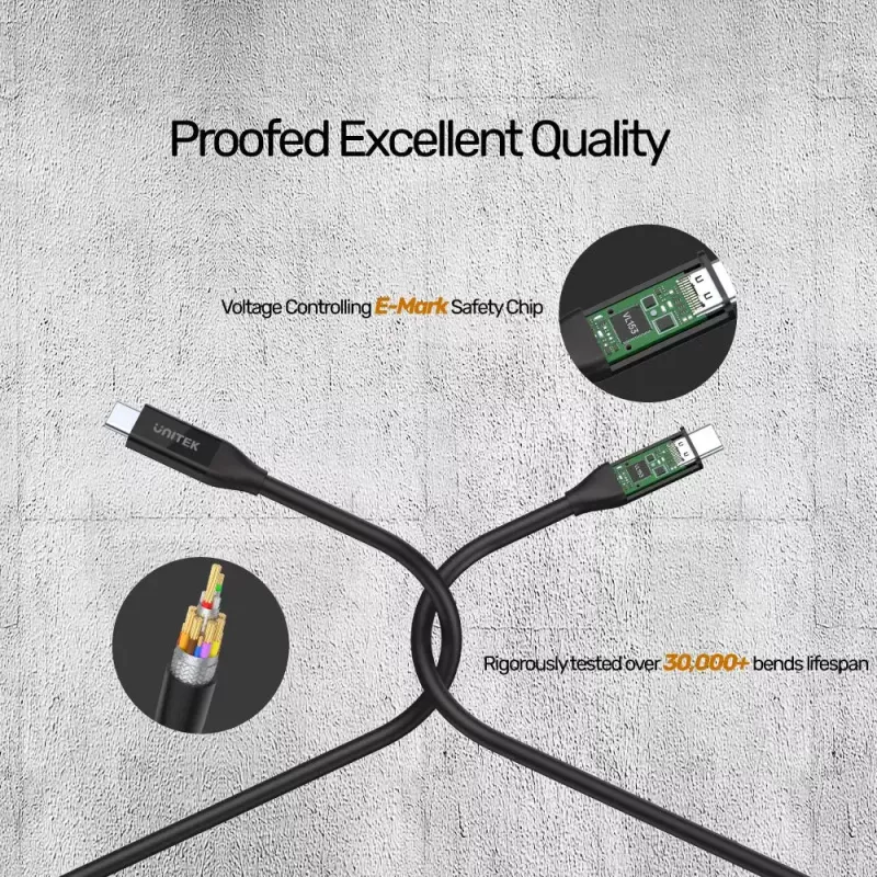 Kabel USB C USB4 Gen 2x2 Unitek C14100BK-0.8M — 0,8 m, USB-C na USB-C, 40 Gbit/s, czarny