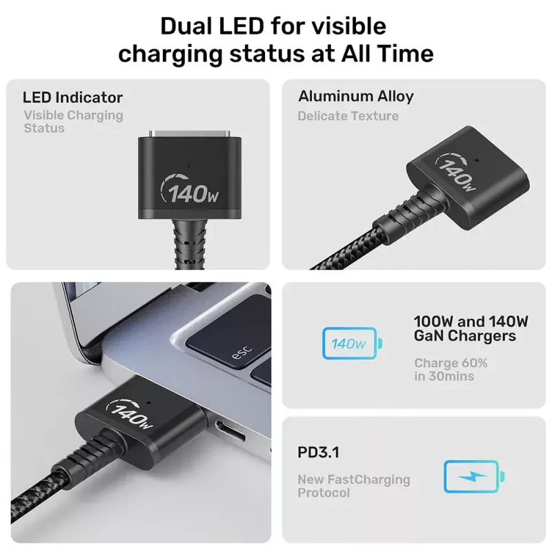 Kabel zasilający UNITEK C14121BK-1M Czarny MagSafe 3 USB C 1m 28V 5A