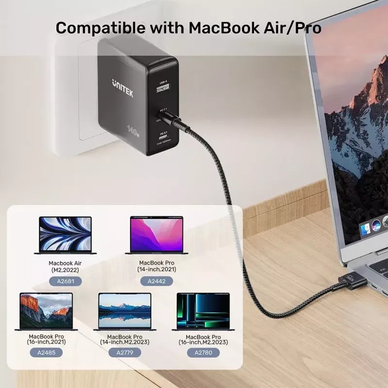 Kabel zasilający UNITEK C14121BK-1M Czarny MagSafe 3 USB C 1m 28V 5A