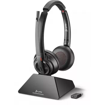 Zestaw słuchawkowy i ładowarka POLY W8220 — bezprzewodowy Bluetooth, nauszny, pałąk na głowę, zasięg 180 m, 160 g, czarny