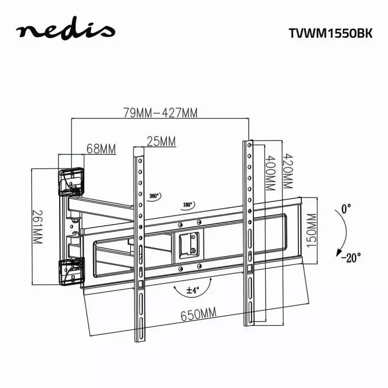 Uchwyt do TV stojak Nedis TVWM1550BK do ekranów 94–177,8 cm (37 cali–70 cali), maks. VESA 600x400, maks. obciążenie 25 kg, czarny