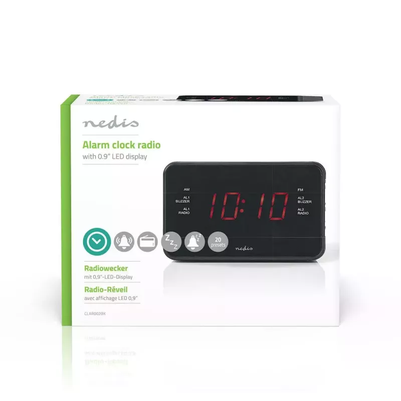 Cyfrowy budzik Nedis CLAR002BK — wyświetlacz LED, AC 220–240V, 130×80×70 mm, czarny
