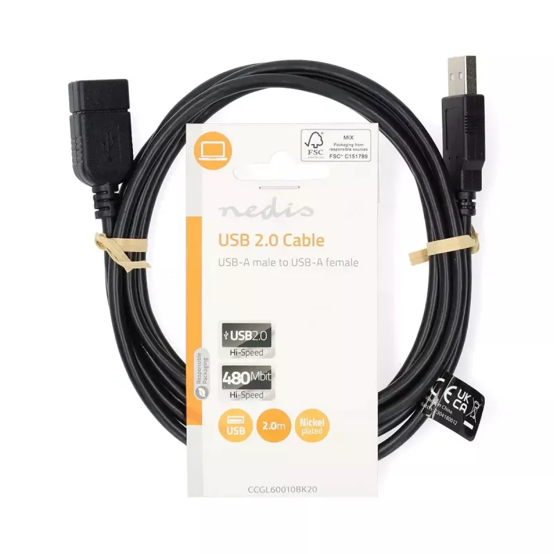 Nedis CCGL60010BK20 kabel przedłużający USB 2.0, wtyk A - gniazdo A, 2 m, czarny