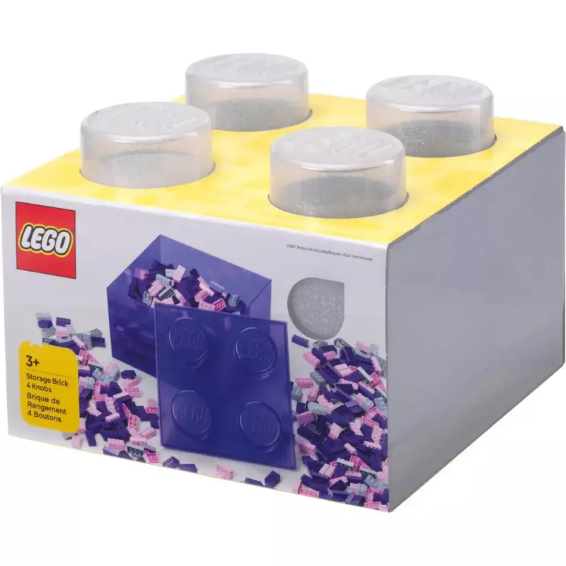 Storage Brick 4 Top Lid Glitter (przezroczysty) od room copenhagen — Pojemnik do przechowywania kompatybilny z LEGO, 4 wypustki, przezroczysty brokat