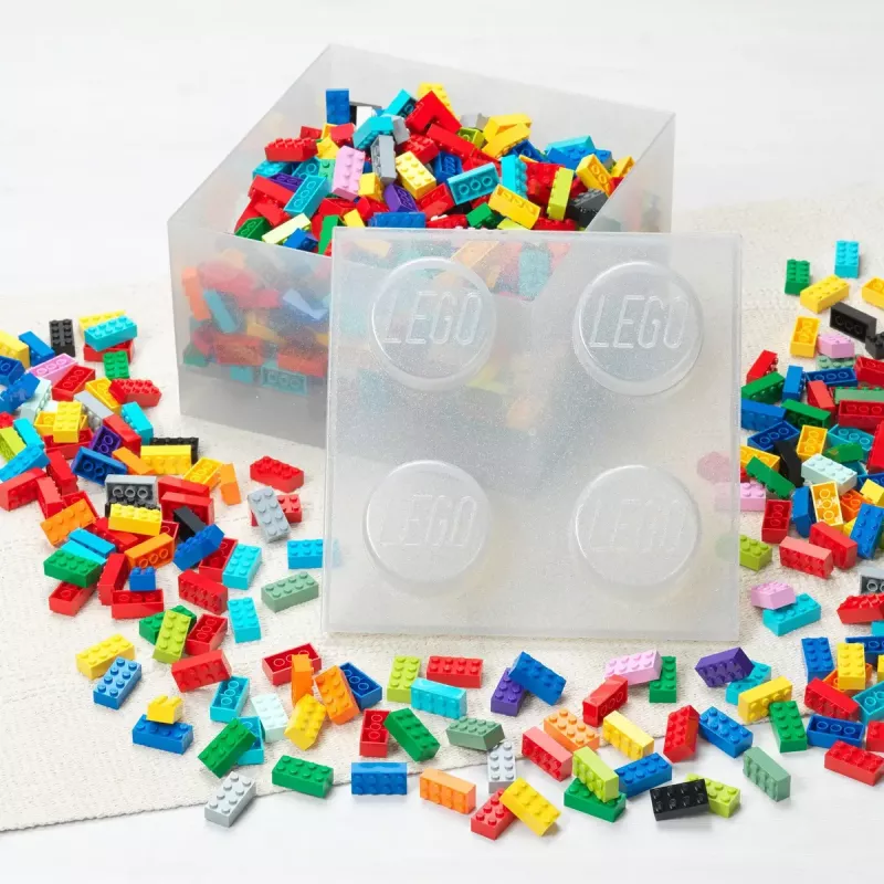 Storage Brick 4 Top Lid Glitter (przezroczysty) od room copenhagen — Pojemnik do przechowywania kompatybilny z LEGO, 4 wypustki, przezroczysty brokat