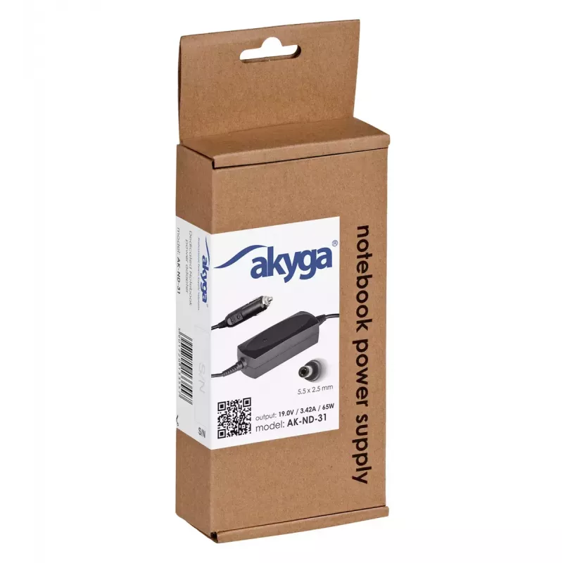 Akyga AK-ND-31 samochodowy zasilacz do laptopów Asus / Toshiba, 65 W, 19 V / 3,42 A, 5,5 x 2,5 mm, wejście 12 V
