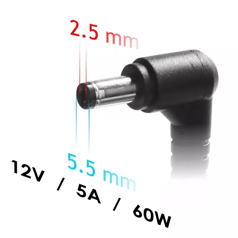Ładowarka do laptopa Akyga AK-ND-85, zasilacz sieciowy do użytku wewnętrznego, wejście 100–250 V, wyjście 12 V 5 A, kabel 1,2 m, czarna