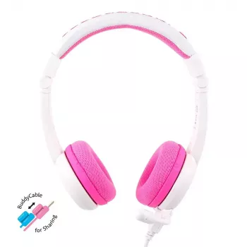 Zestaw słuchawkowy BuddyPhones School+ przewodowy, na głowę, do rozmów i muzyki, 20–20000 Hz, kabel 1,4 m, różowy/biały