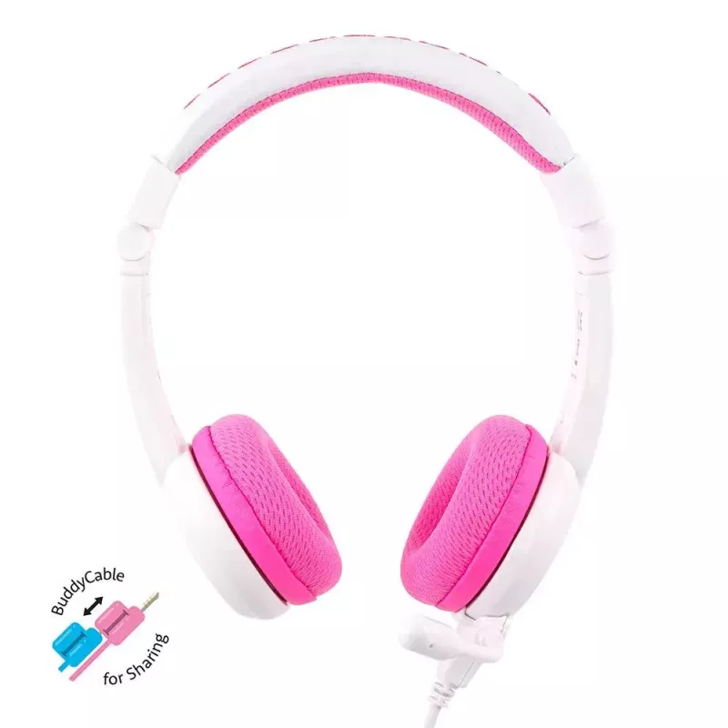 Zestaw słuchawkowy BuddyPhones School+ przewodowy, na głowę, do rozmów i muzyki, 20–20000 Hz, kabel 1,4 m, różowy/biały
