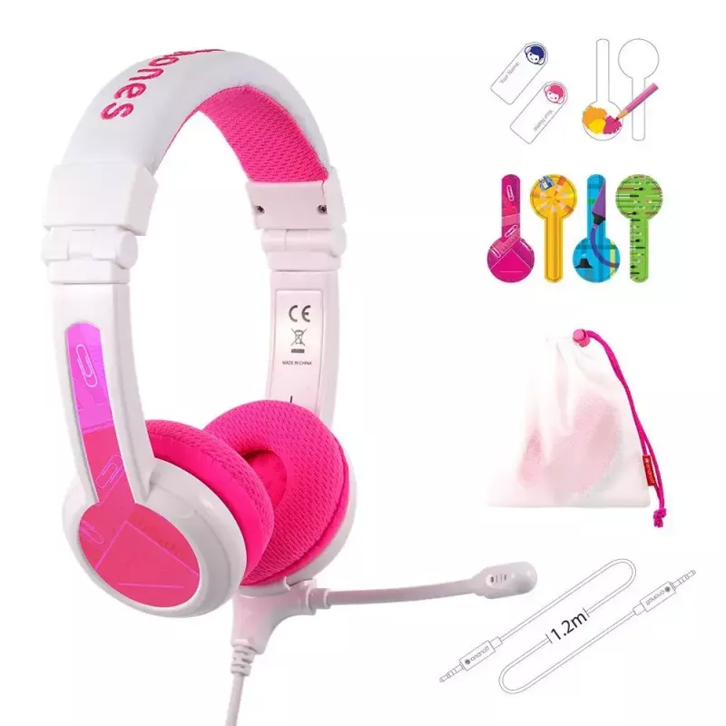 Zestaw słuchawkowy BuddyPhones School+ przewodowy, na głowę, do rozmów i muzyki, 20–20000 Hz, kabel 1,4 m, różowy/biały