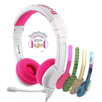 Zestaw słuchawkowy BuddyPhones School+ przewodowy, na głowę, do rozmów i muzyki, 20–20000 Hz, kabel 1,4 m, różowy/biały