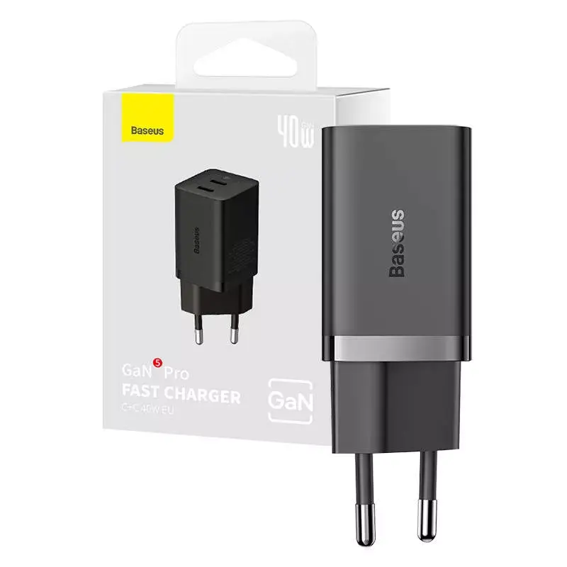 Ładowarka ścienna Baseus GaN5 40W, 2x USB C (czarna)