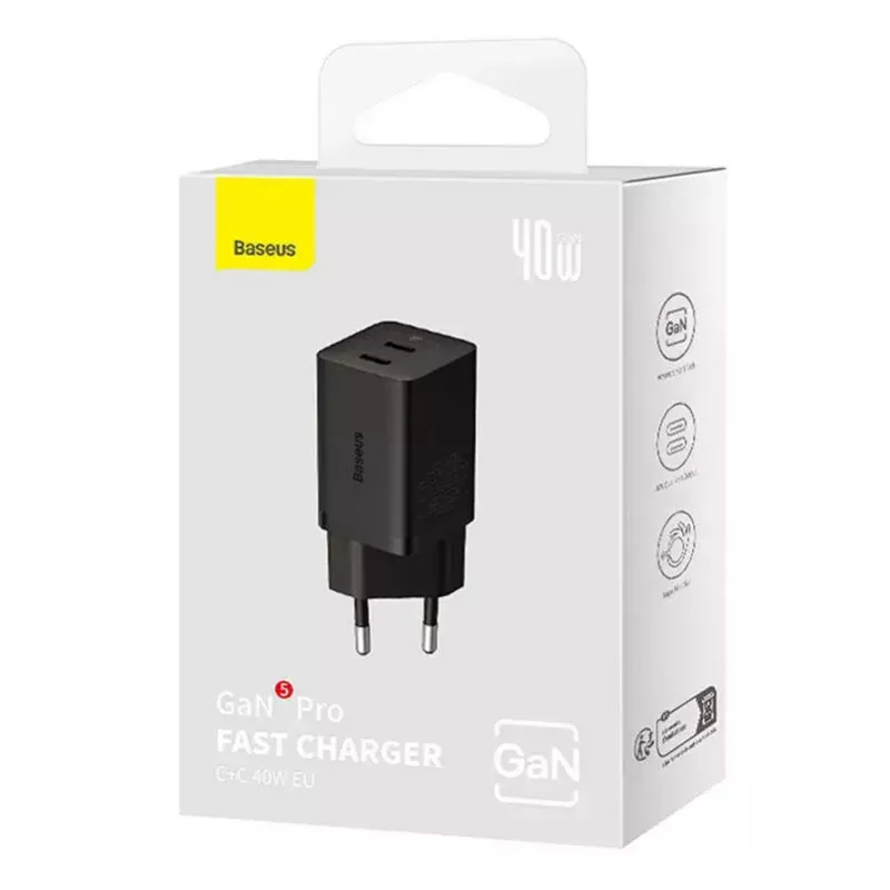 Ładowarka ścienna Baseus GaN5 40W, 2x USB C (czarna)