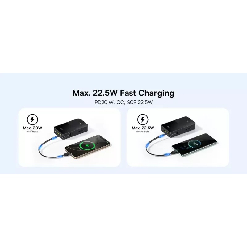 Power bank Baseus EnerFill Bipow2 Pro — 20000 mAh, PD 3.0 i QC 3.0, 22,5 W, 1×USB-A + 1×USB-C, czarny, do 3 urządzeń