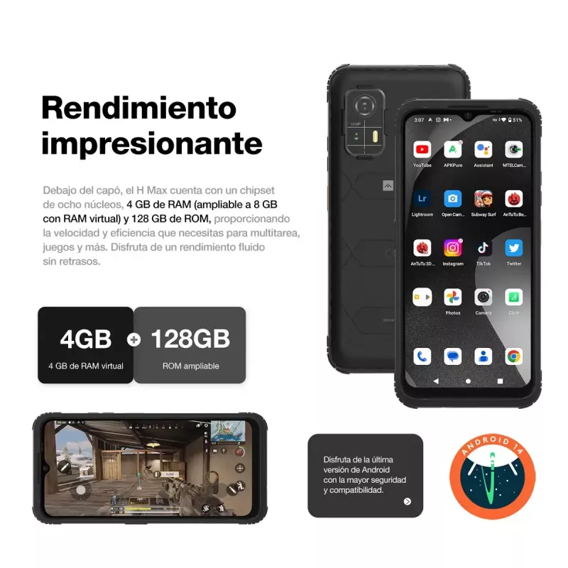 Smartfon AGM H Max — wyświetlacz 6.56 cala, Android 14, 4 GB RAM, 256 GB, Dual SIM, 10000 mAh, IP68, czarny