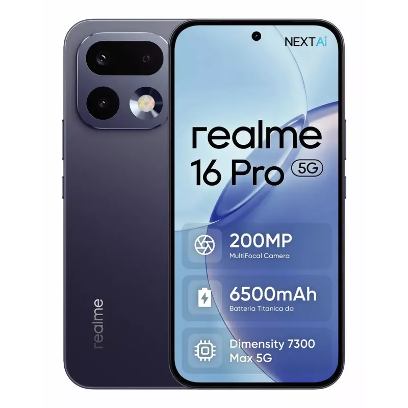 Smartfon REALME 16 PRO — 6,8 cala (17,3 cm) 5G, MediaTek Dimensity, 8 GB RAM, 256 GB, podwójny aparat 200 MP, 6500 mAh, szary