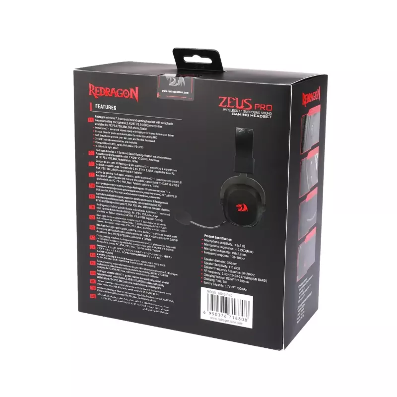 Przewodowe słuchawki nauszne Bluetooth REDRAGON H510 Zeus Pro RGB — 20–20000 Hz, kabel 1,8 m, czarne