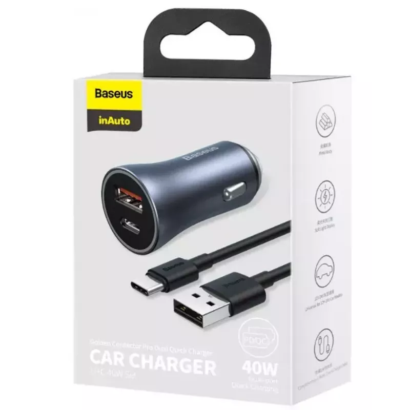 Ładowarka samochodowa Baseus TZCCJD-0G 40W ciemnoszary — adapter USB do gniazda zapalniczki, moc 40W