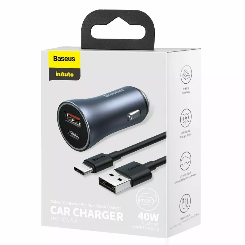 Ładowarka samochodowa Baseus TZCCJD-0G 40W ciemnoszary — adapter USB do gniazda zapalniczki, moc 40W