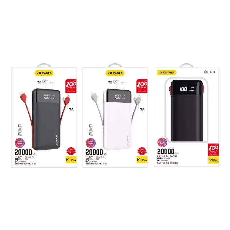 Powerbank Dudao K1Pro 20000mAh 15W z 4 zintegrowanymi kablami, czarny